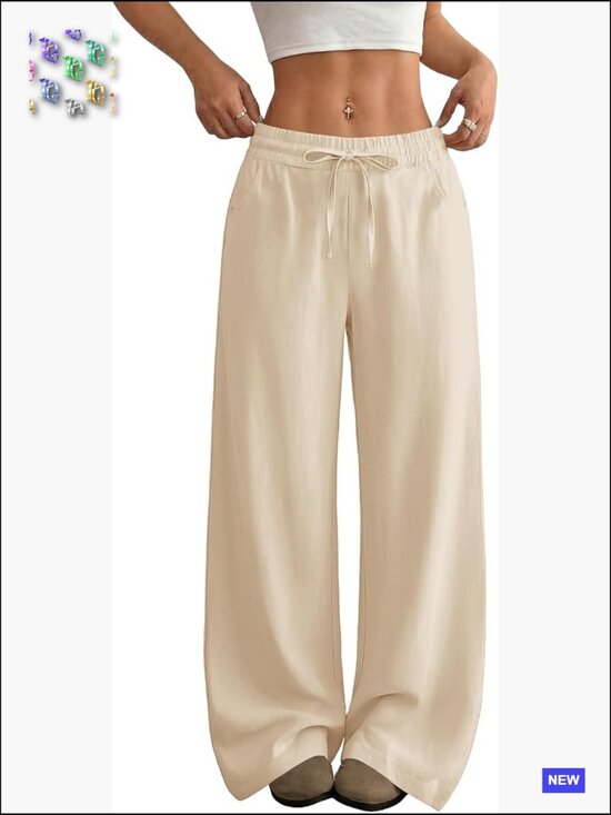 Pants - Casual Linen Wide Leg Pants High Waist Palazzo Flowy Drawstring Beach Trousers